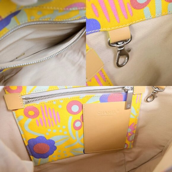 CHANEL CC High Summer Tote Bag Shoulder Canvas Leather Flower Yellow - Picture 16 of 16